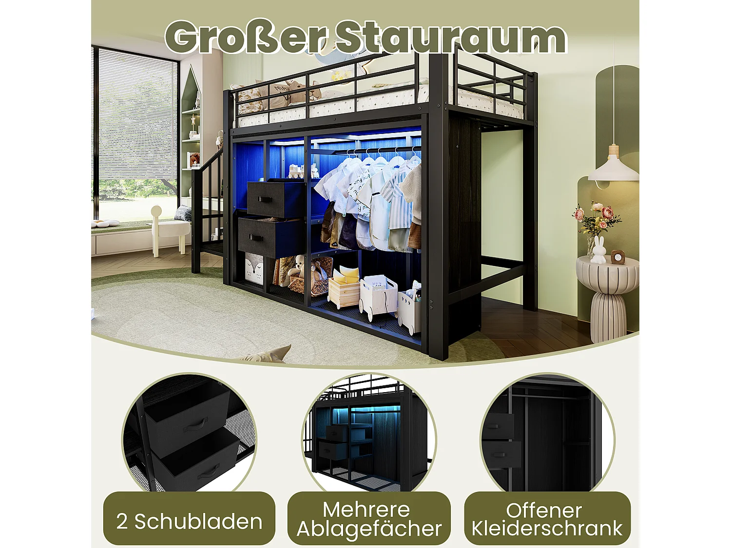 lit mezzanine pour enfant - 90 x 200 cm - avec 2 tiroirs + armoire ouverte + Leds - métal - noir