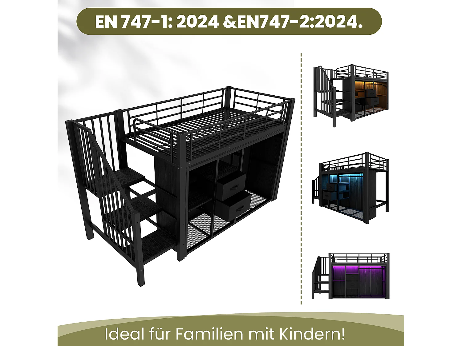 lit mezzanine pour enfant - 90 x 200 cm - avec 2 tiroirs + armoire ouverte + Leds - métal - noir