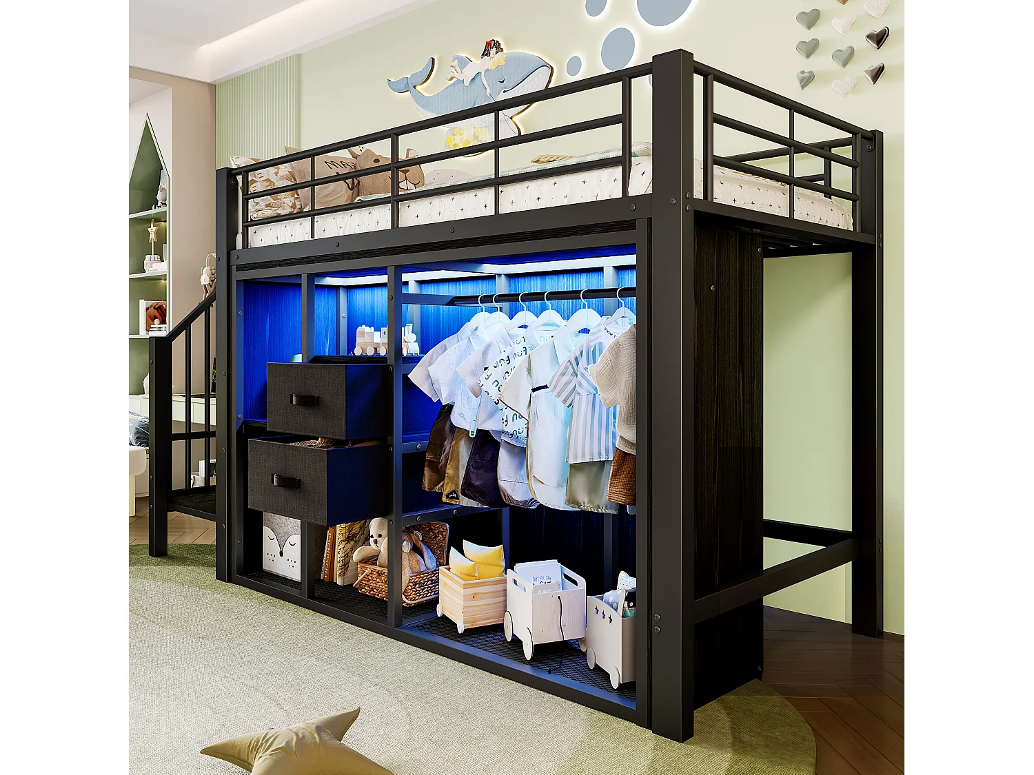 lit mezzanine pour enfant - 90 x 200 cm - avec 2 tiroirs + armoire ouverte + Leds - métal - noir