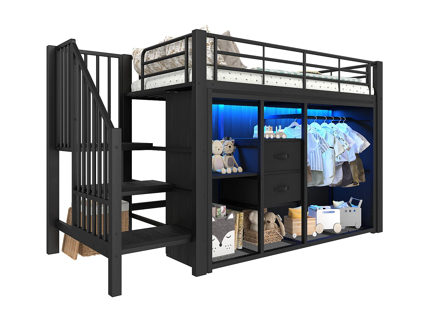 lit mezzanine pour enfant - 90 x 200 cm - avec 2 tiroirs + armoire ouverte + Leds - métal - noir