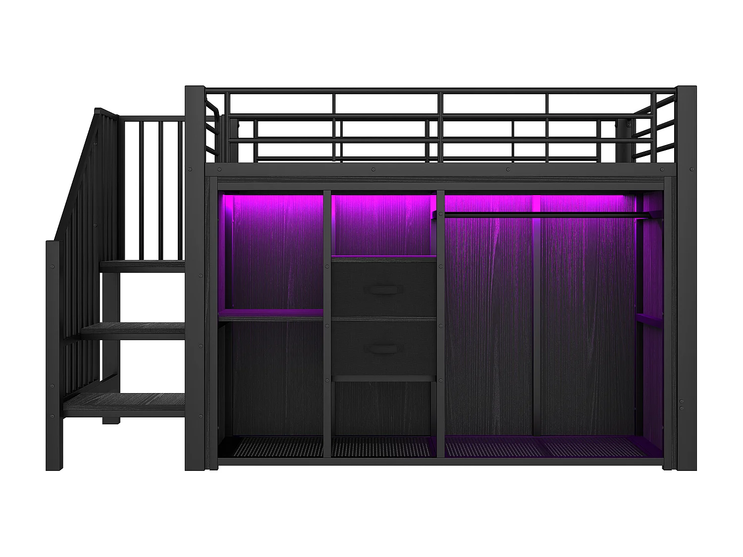 lit mezzanine pour enfant - 90 x 200 cm - avec 2 tiroirs + armoire ouverte + Leds - métal - noir