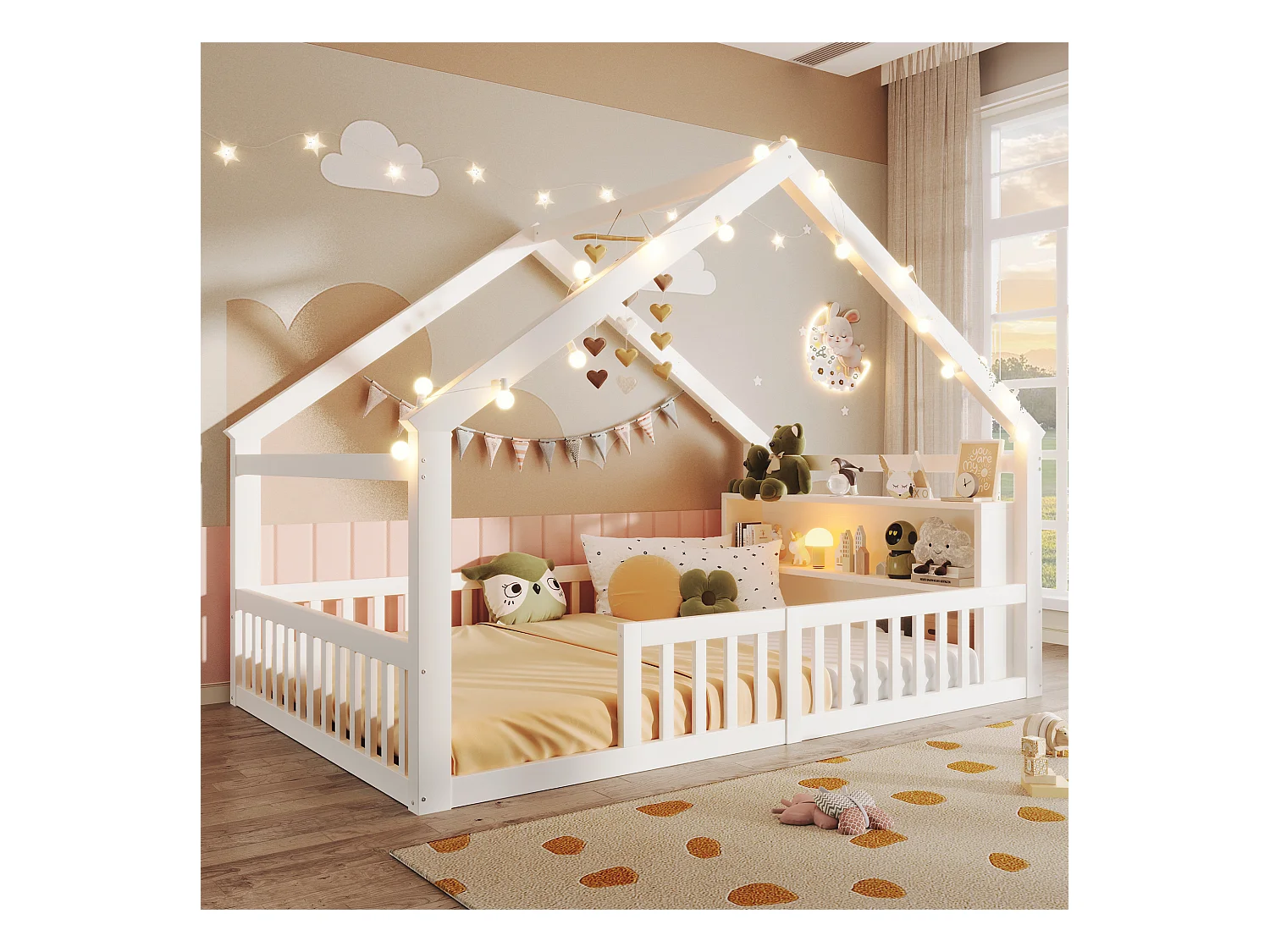 Lit plat pour enfant - 140 x 190 cm - avec barrière de sécurité  - style minimaliste - bois - blanc