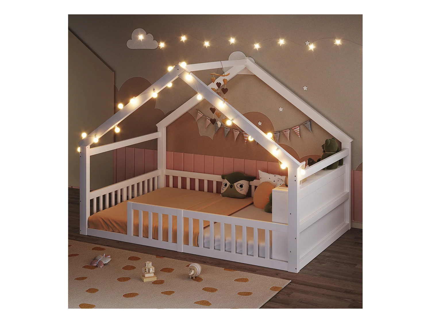 Lit plat pour enfant - 140 x 190 cm - avec barrière de sécurité  - style minimaliste - bois - blanc