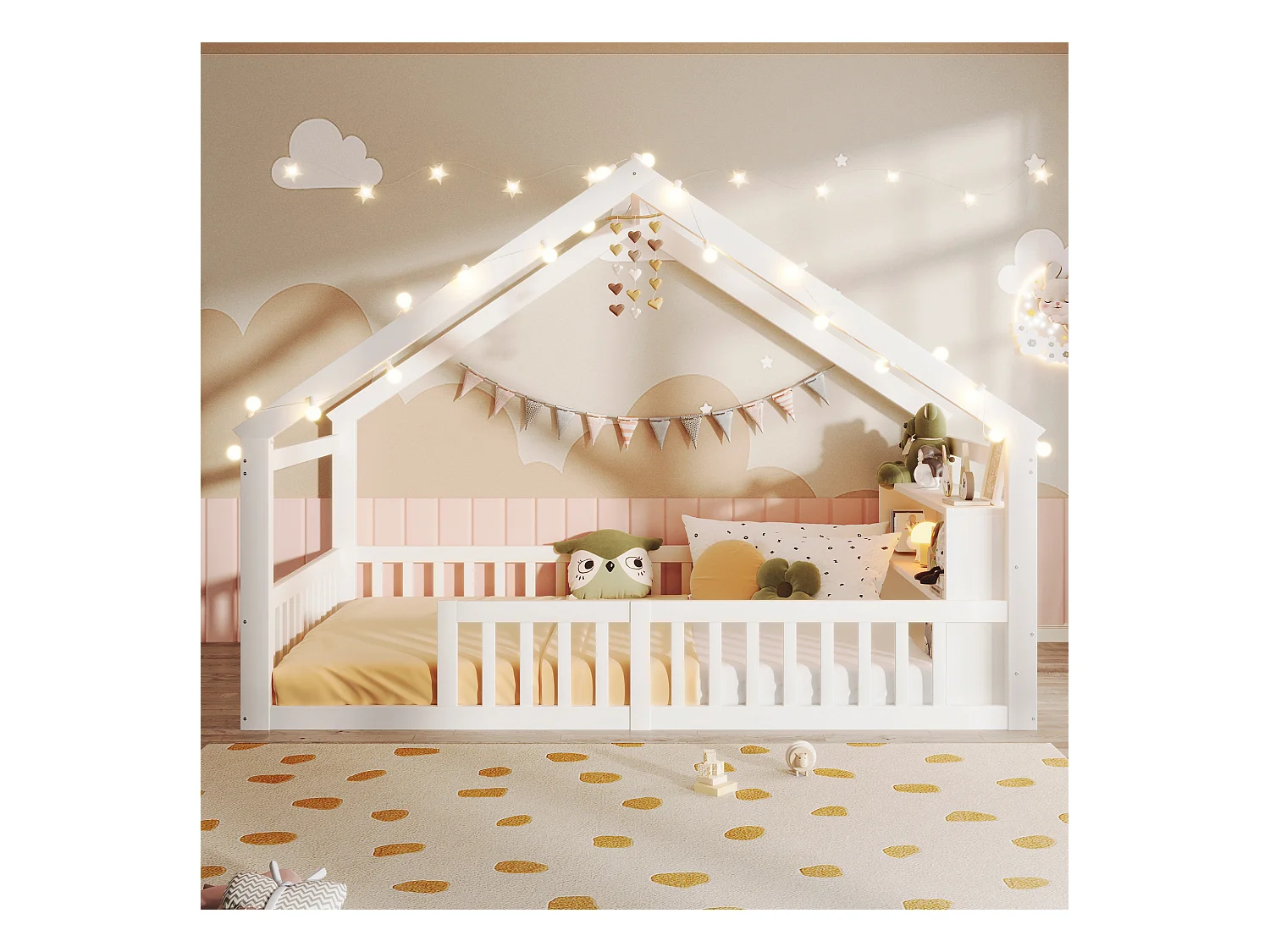 Lit plat pour enfant - 140 x 190 cm - avec barrière de sécurité  - style minimaliste - bois - blanc