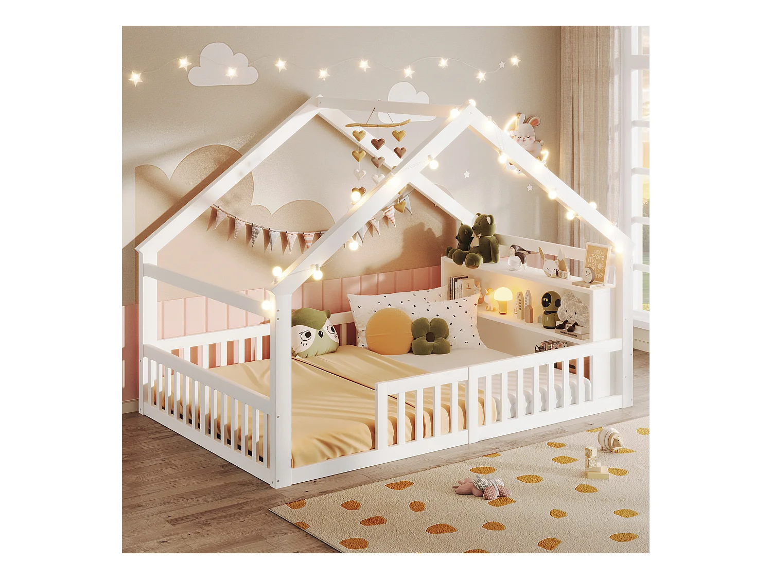 Lit plat pour enfant - 140 x 190 cm - avec barrière de sécurité  - style minimaliste - bois - blanc