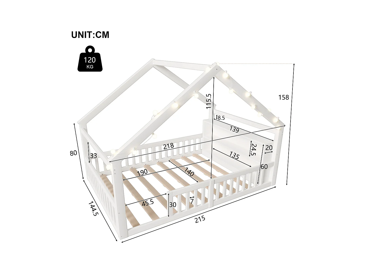 Lit plat pour enfant - 140 x 190 cm - avec barrière de sécurité  - style minimaliste - bois - blanc