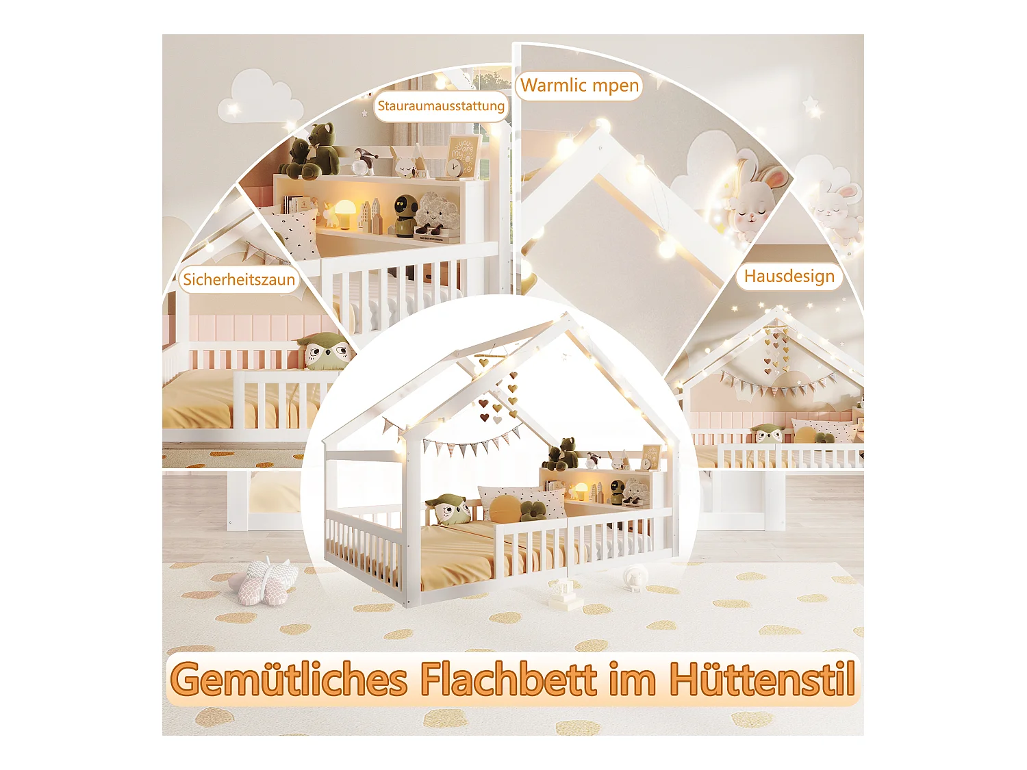 Lit plat pour enfant - 140 x 190 cm - avec barrière de sécurité  - style minimaliste - bois - blanc