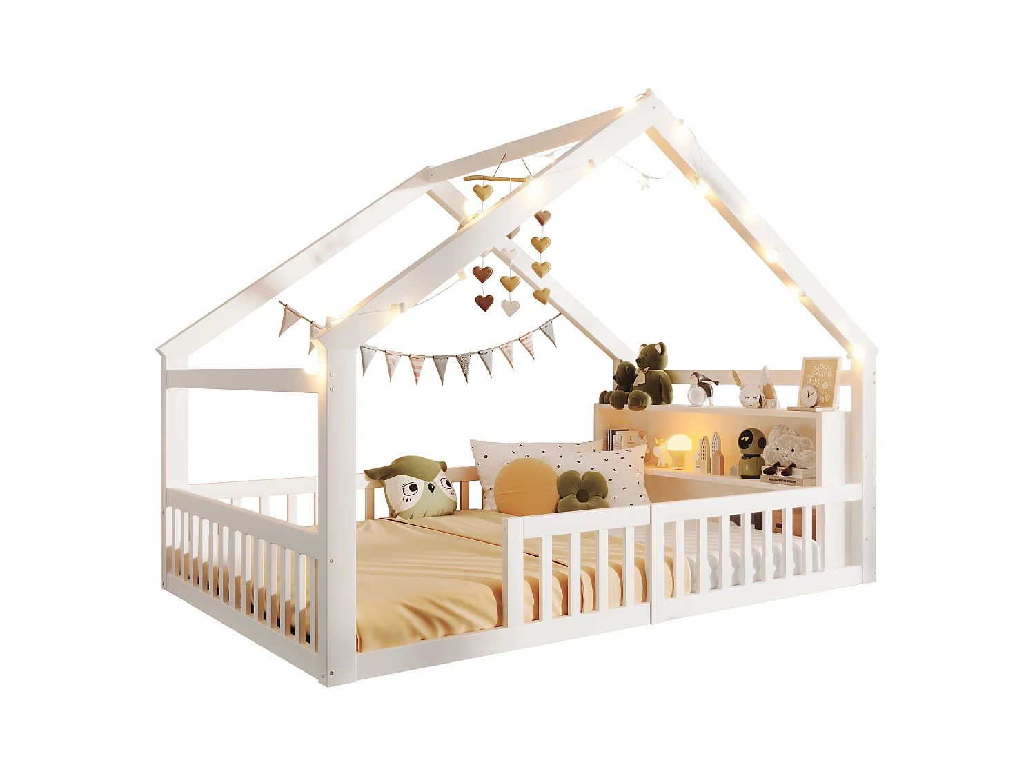 Lit plat pour enfant - 140 x 190 cm - avec barrière de sécurité  - style minimaliste - bois - blanc