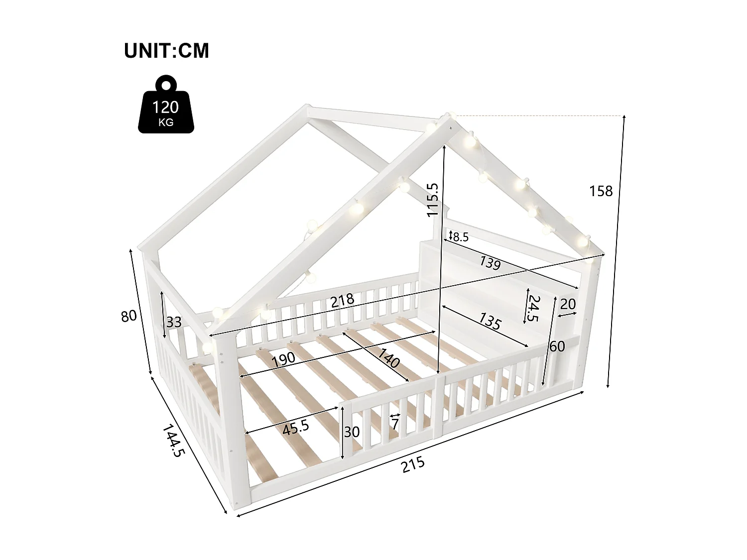 Lit plat pour enfant - 140 x 190 cm - avec barrière de sécurité  - style minimaliste - bois - blanc