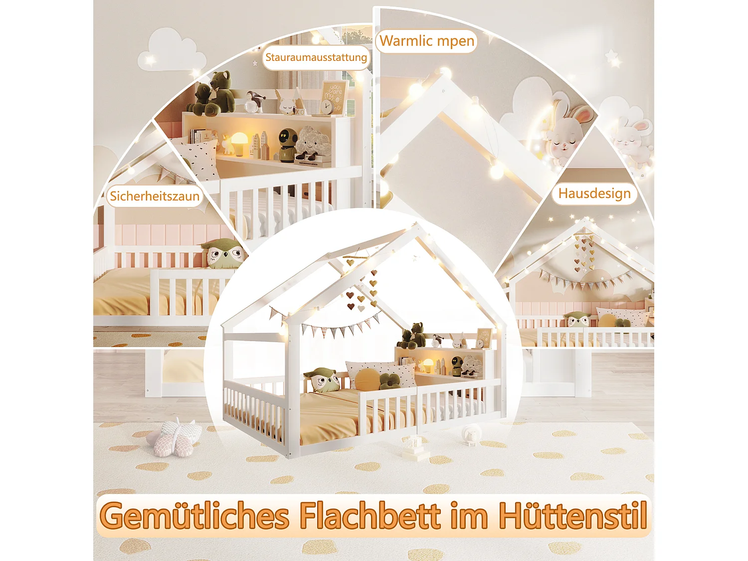 Lit plat pour enfant - 140 x 190 cm - avec barrière de sécurité  - style minimaliste - bois - blanc