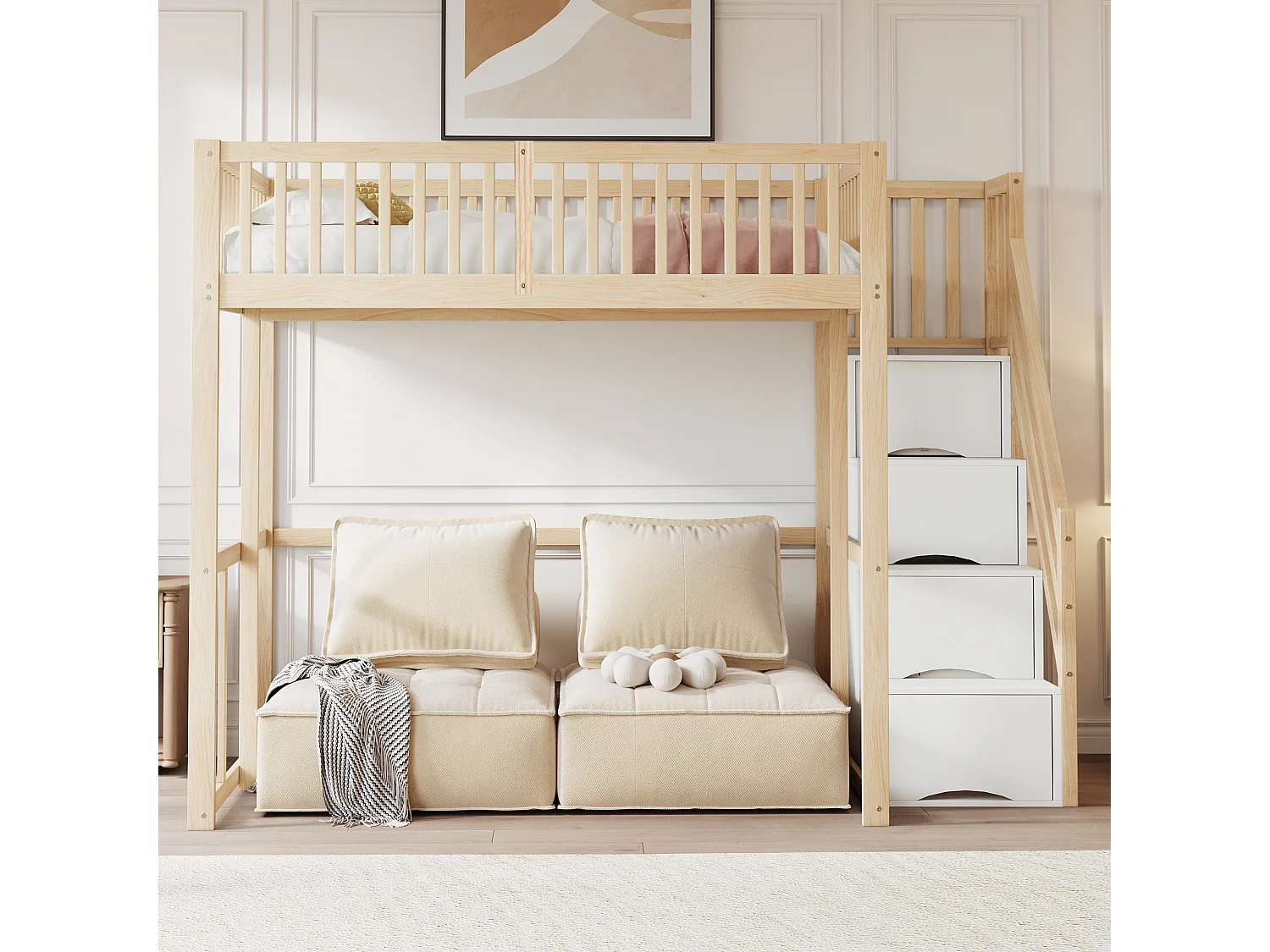 Lit mezzanine 140 x 200 cm avec 4 tiroirs et étagères de rangement - Pin + contreplaqué + MDF - pour enfant - Naturel