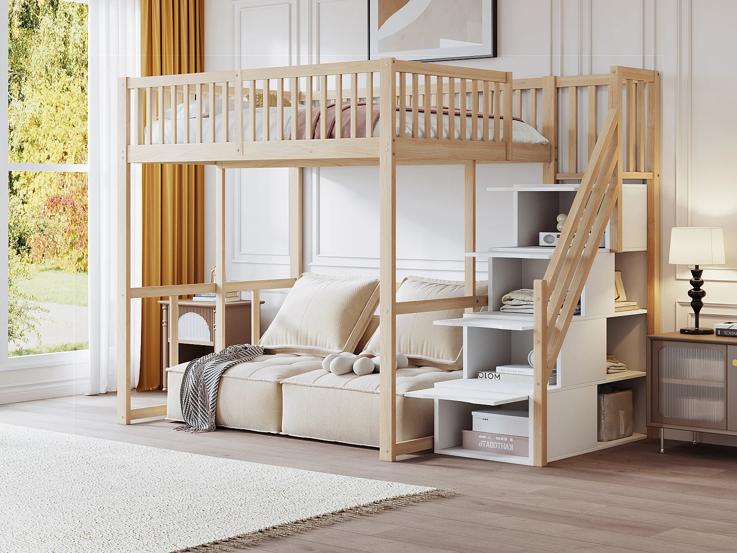 Lit mezzanine 140 x 200 cm avec 4 tiroirs et étagères de rangement - Pin + contreplaqué + MDF - pour enfant - Naturel