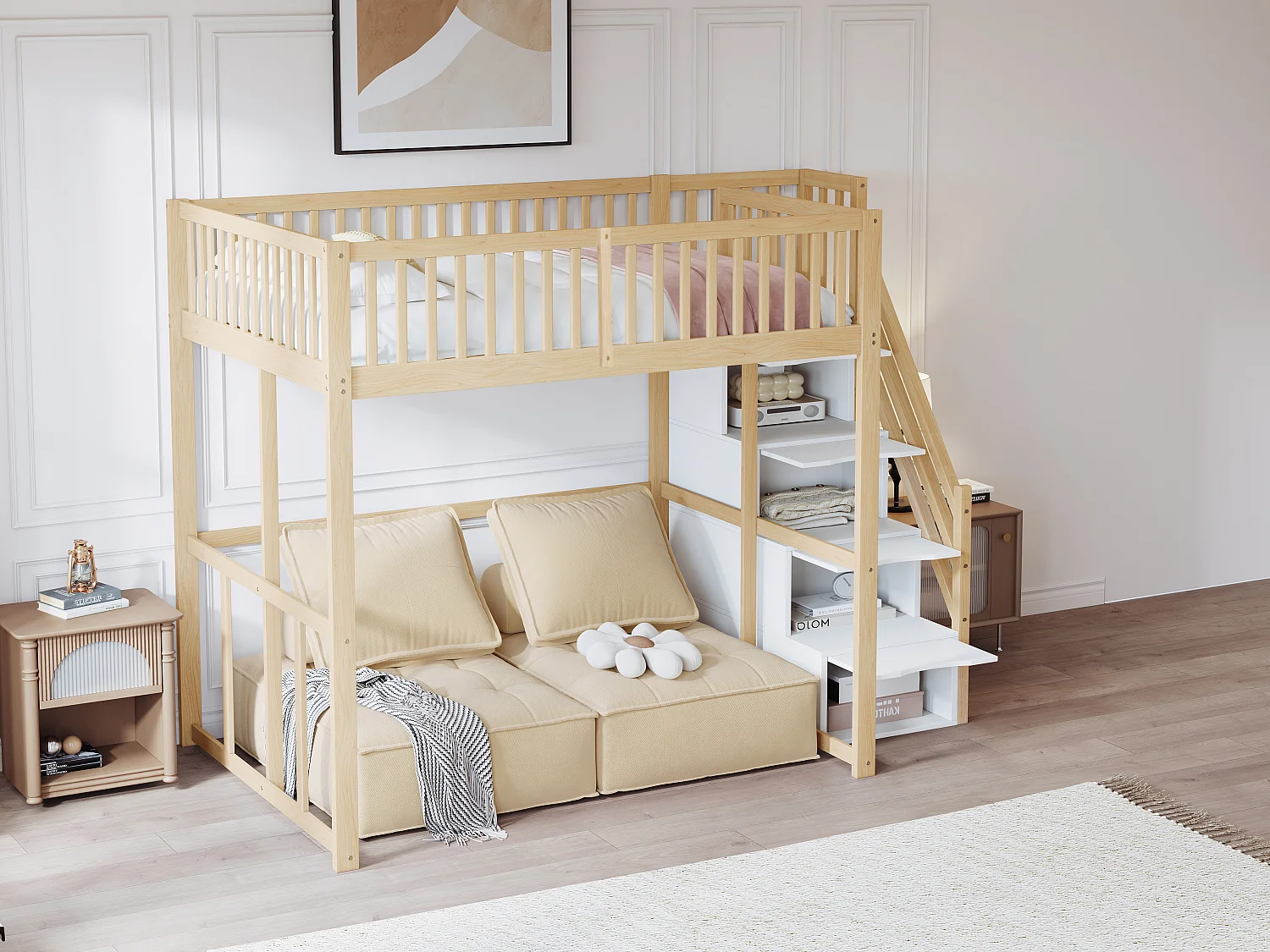 Lit mezzanine 140 x 200 cm avec 4 tiroirs et étagères de rangement - Pin + contreplaqué + MDF - pour enfant - Naturel