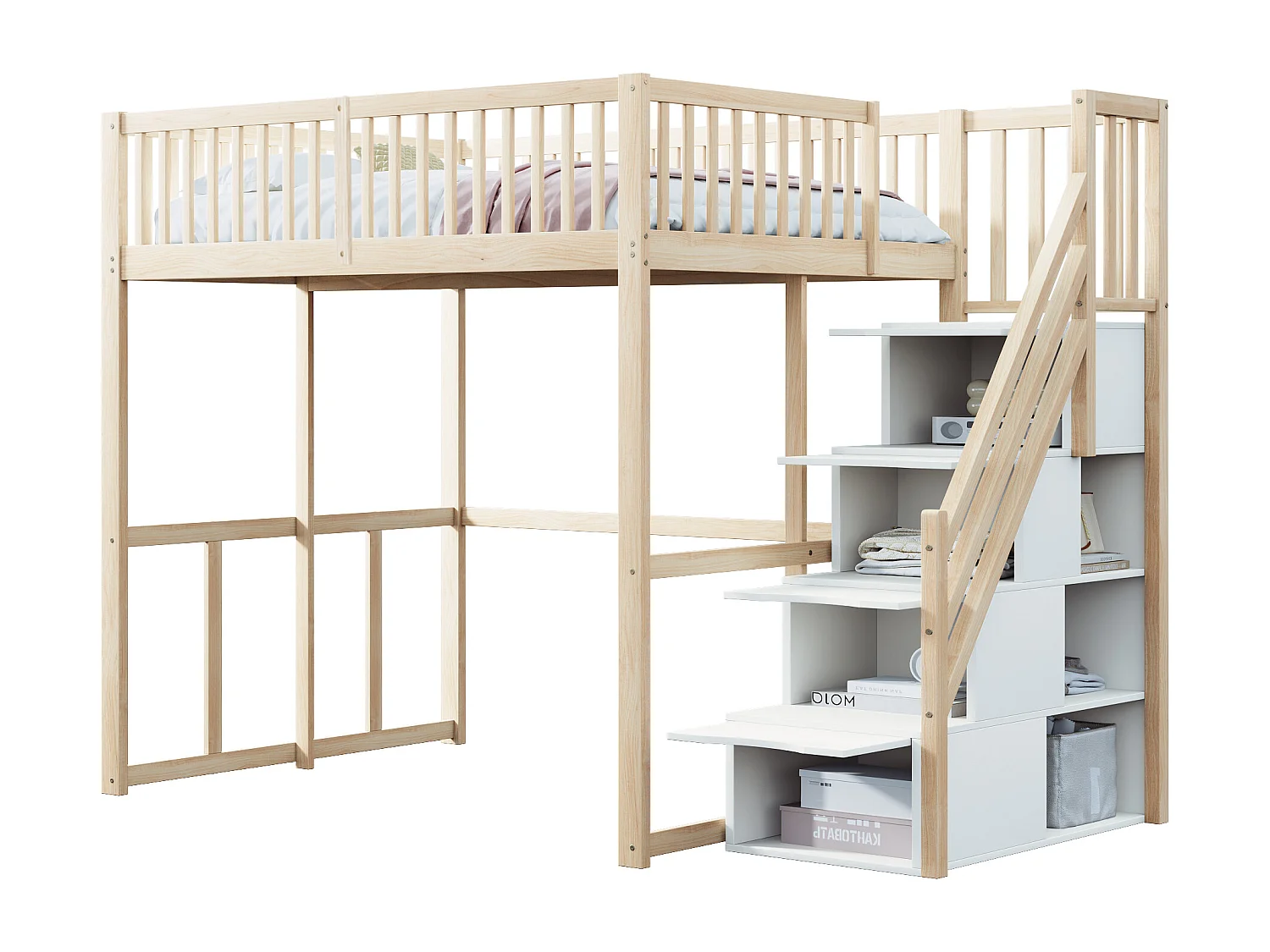 Lit mezzanine 140 x 200 cm avec 4 tiroirs et étagères de rangement - Pin + contreplaqué + MDF - pour enfant - Naturel