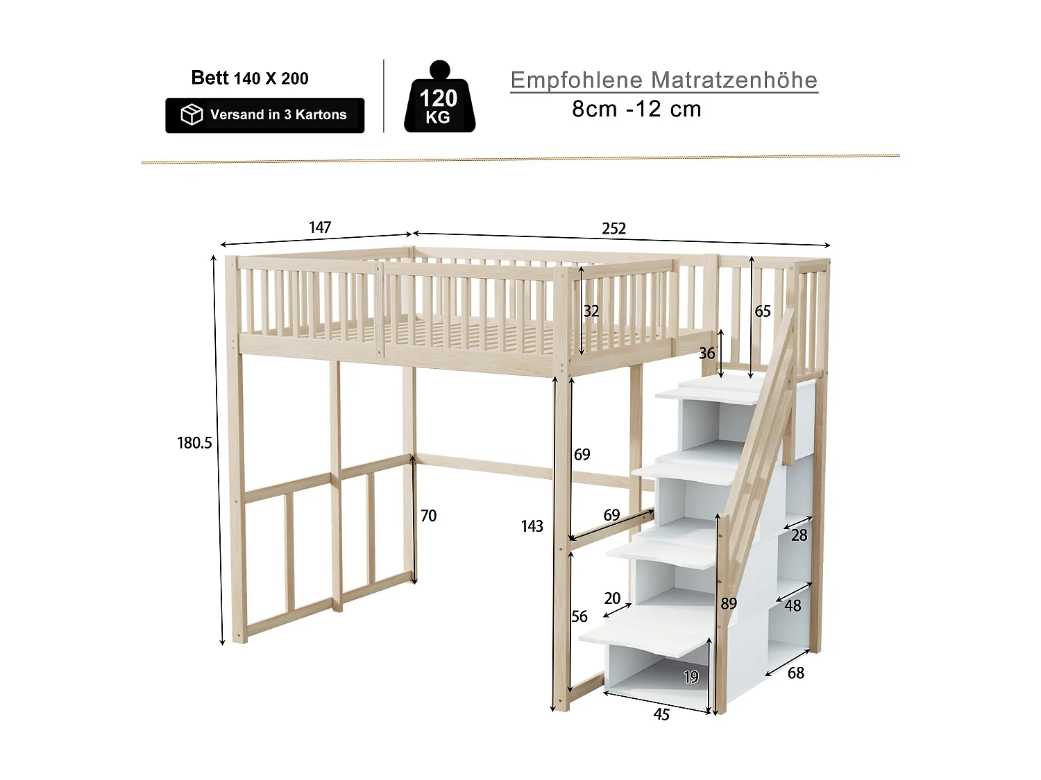 Lit mezzanine 140 x 200 cm avec 4 tiroirs et étagères de rangement - Pin + contreplaqué + MDF - pour enfant - Naturel