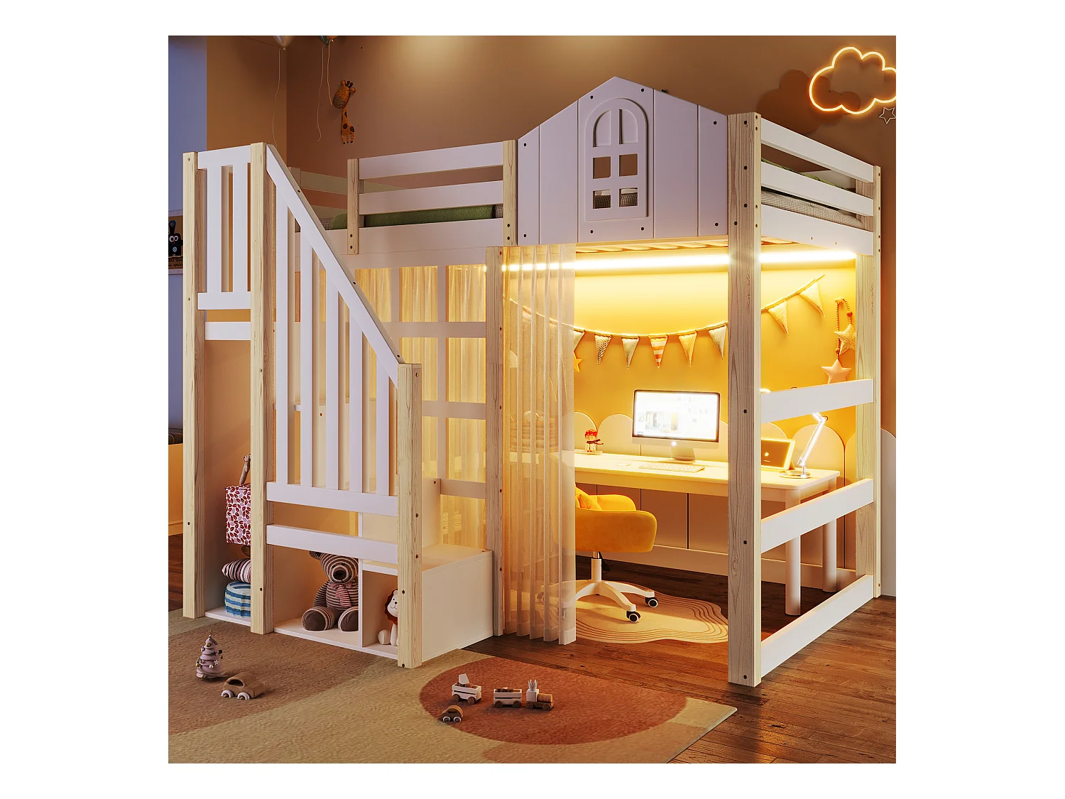 Łóżko piętrowe dla dzieci - 140 x 200 cm - z oświetleniem LED + drabinka ze schowkiem - kształt okna - drewno - białe + naturalne