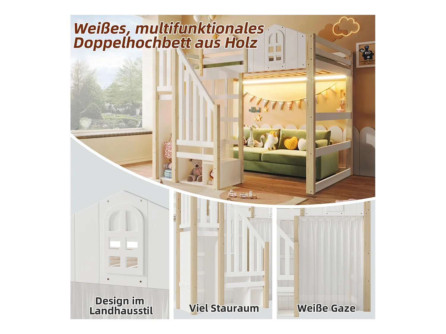Łóżko piętrowe dla dzieci - 140 x 200 cm - z oświetleniem LED + drabinka ze schowkiem - kształt okna - drewno - białe + naturalne
