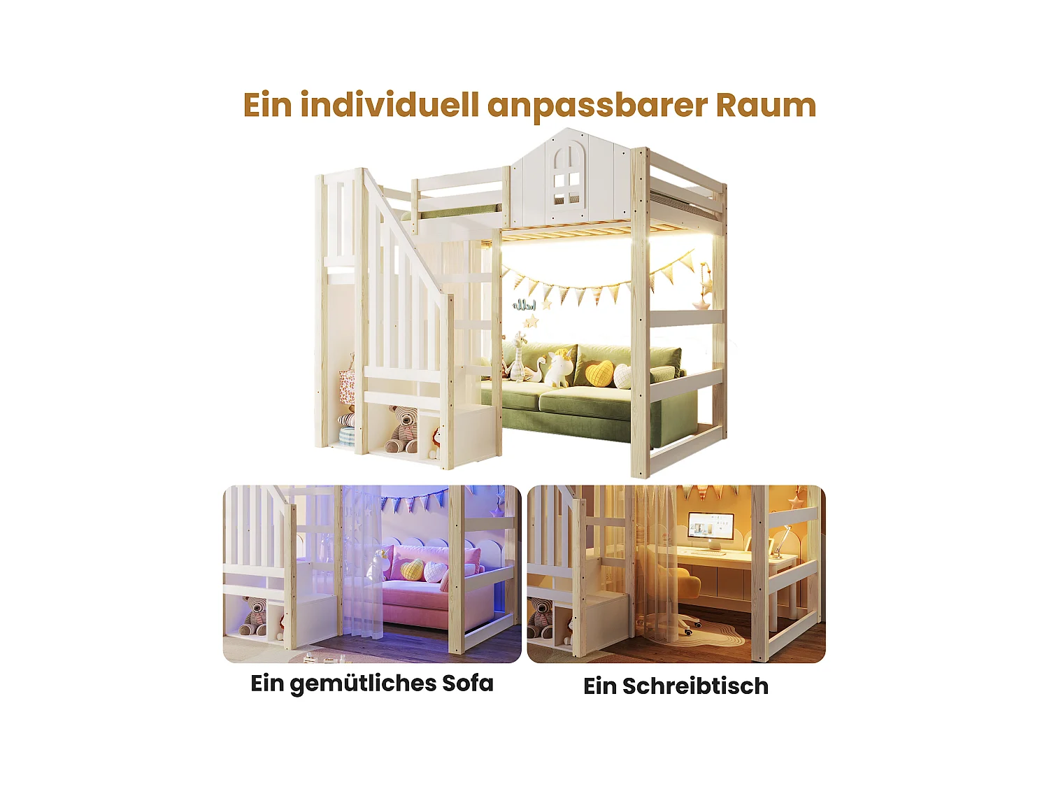 Łóżko piętrowe dla dzieci - 140 x 200 cm - z oświetleniem LED + drabinka ze schowkiem - kształt okna - drewno - białe + naturalne