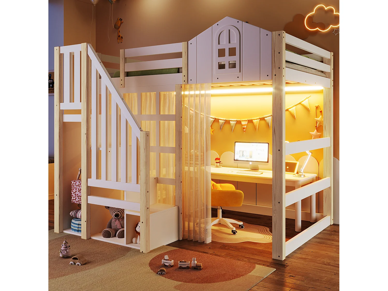 Lit mezzanine enfant - 140 x 200 cm - avec Leds + échelle de rangement - forme fenêtre - bois - blanc + naturel