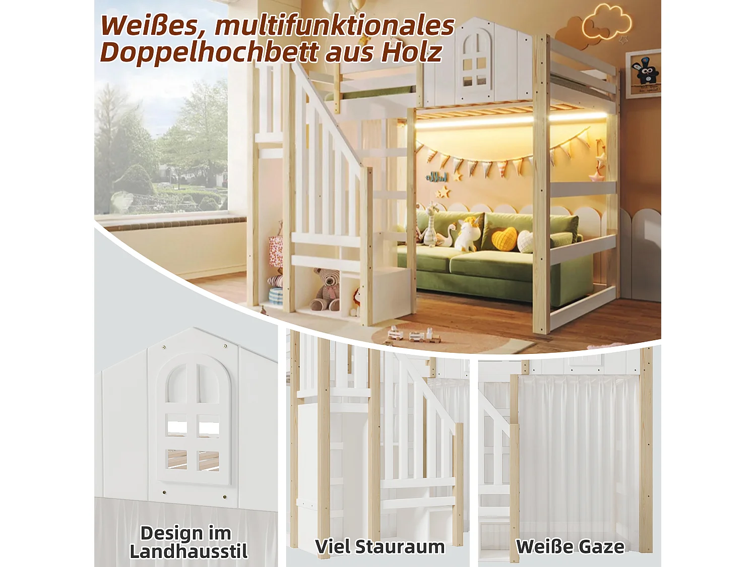 Lit mezzanine enfant - 140 x 200 cm - avec Leds + échelle de rangement - forme fenêtre - bois - blanc + naturel