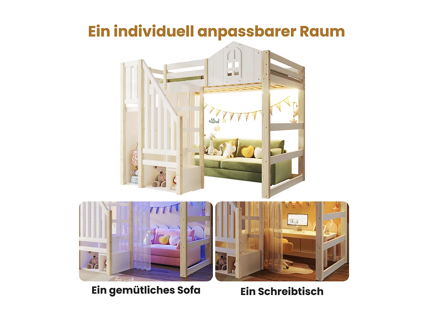 Lit mezzanine enfant - 140 x 200 cm - avec Leds + échelle de rangement - forme fenêtre - bois - blanc + naturel