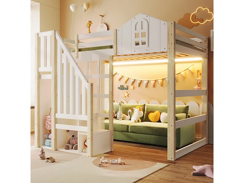 Lit mezzanine enfant - 140 x 200 cm - avec Leds + échelle de rangement - forme fenêtre - bois - blanc + naturel