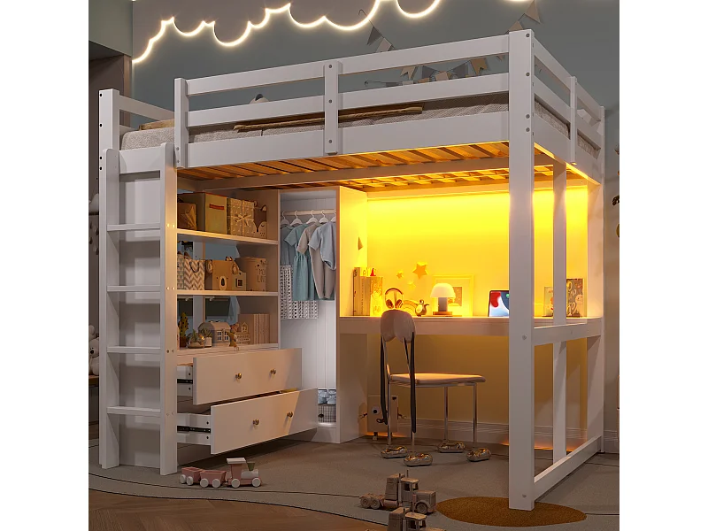 Kinderhoogslaper - 140 x 200 cm - met 2 lades + planken + bureau + LED's en USB + kledingkast - hout + MDF - wit