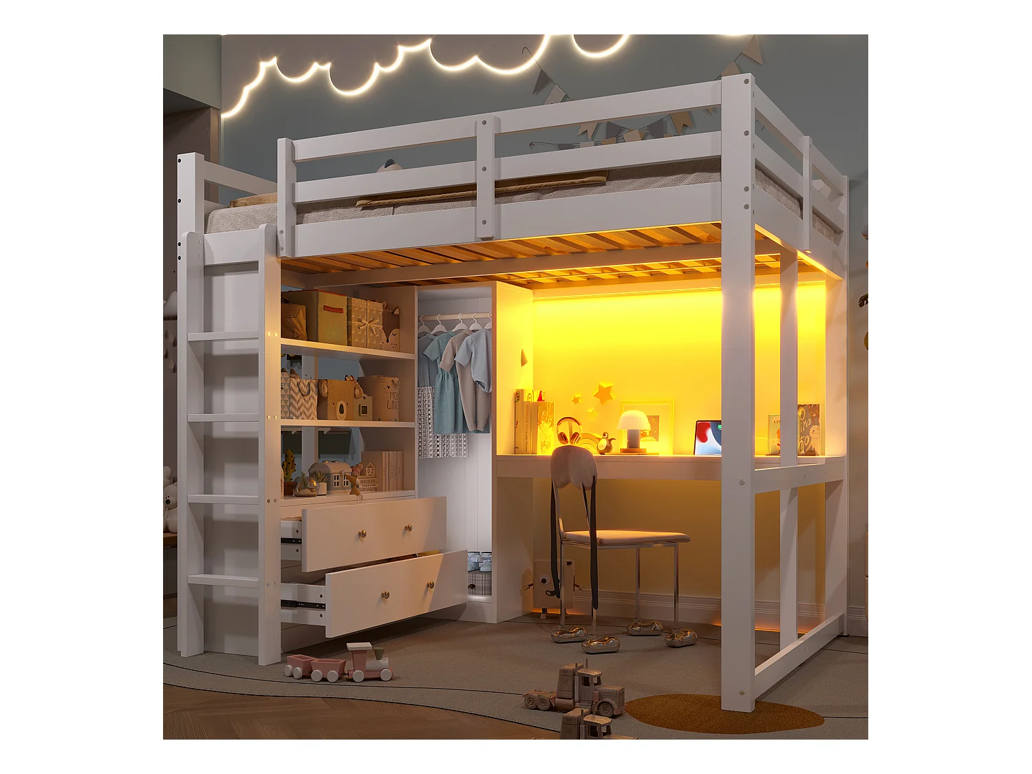 Kinderhoogslaper - 140 x 200 cm - met 2 lades + planken + bureau + LED's en USB + kledingkast - hout + MDF - wit