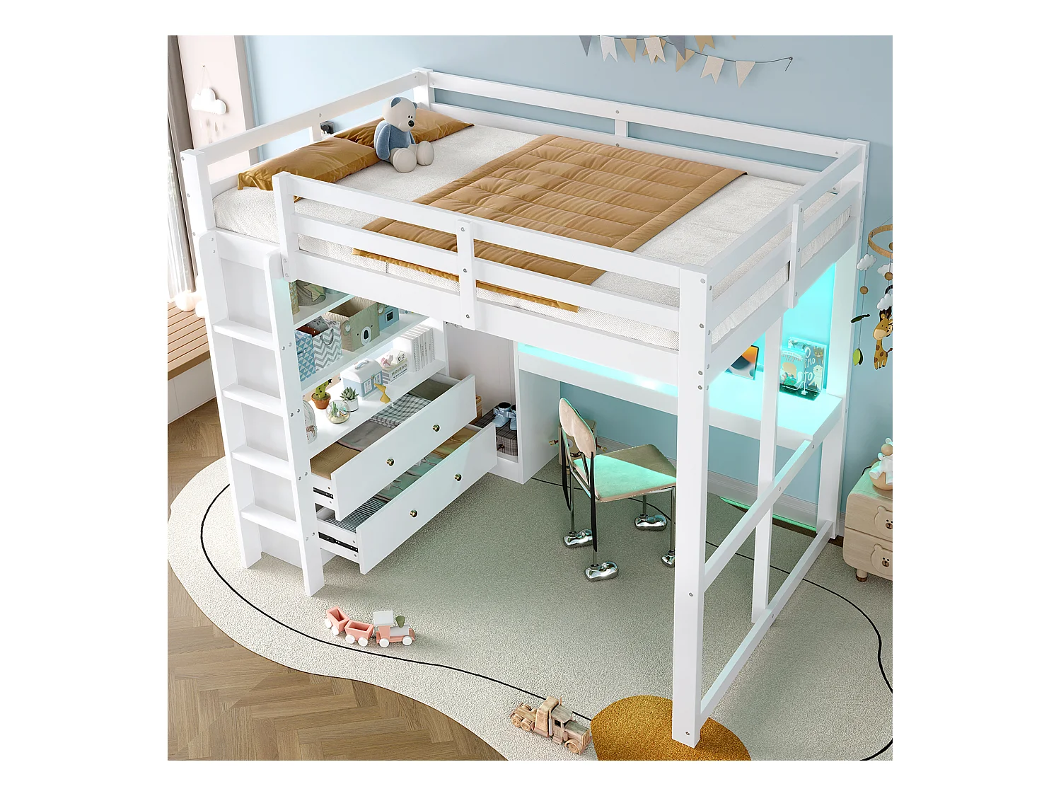Kinderhoogslaper - 140 x 200 cm - met 2 lades + planken + bureau + LED's en USB + kledingkast - hout + MDF - wit