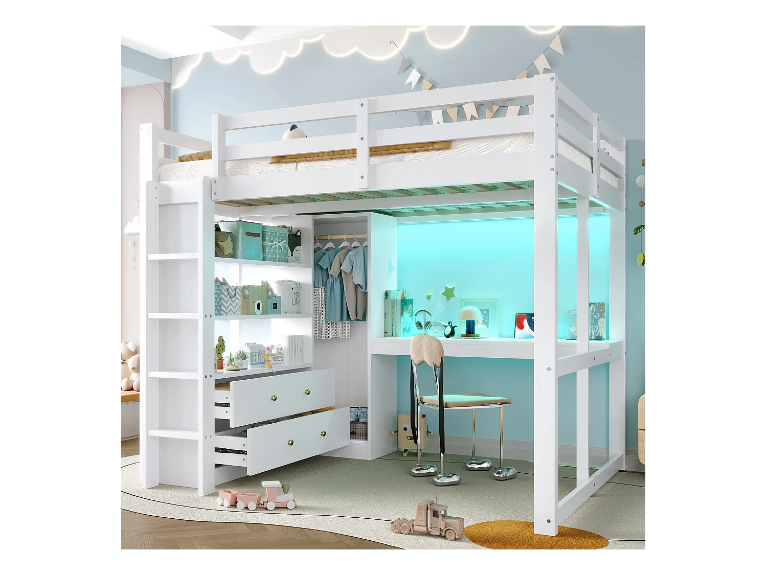 Kinderhoogslaper - 140 x 200 cm - met 2 lades + planken + bureau + LED's en USB + kledingkast - hout + MDF - wit