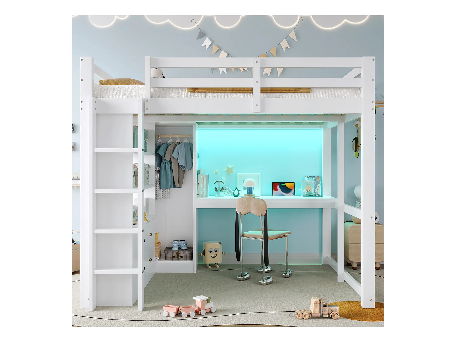 Kinderhoogslaper - 140 x 200 cm - met 2 lades + planken + bureau + LED's en USB + kledingkast - hout + MDF - wit