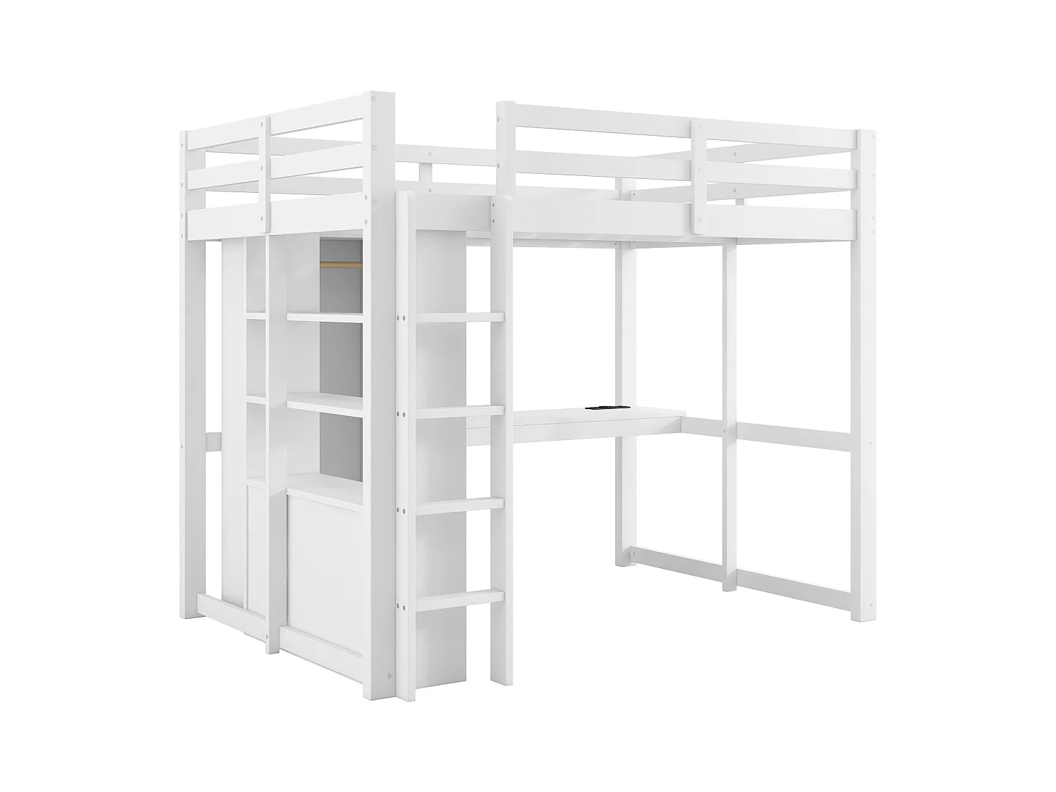 Kinderhoogslaper - 140 x 200 cm - met 2 lades + planken + bureau + LED's en USB + kledingkast - hout + MDF - wit