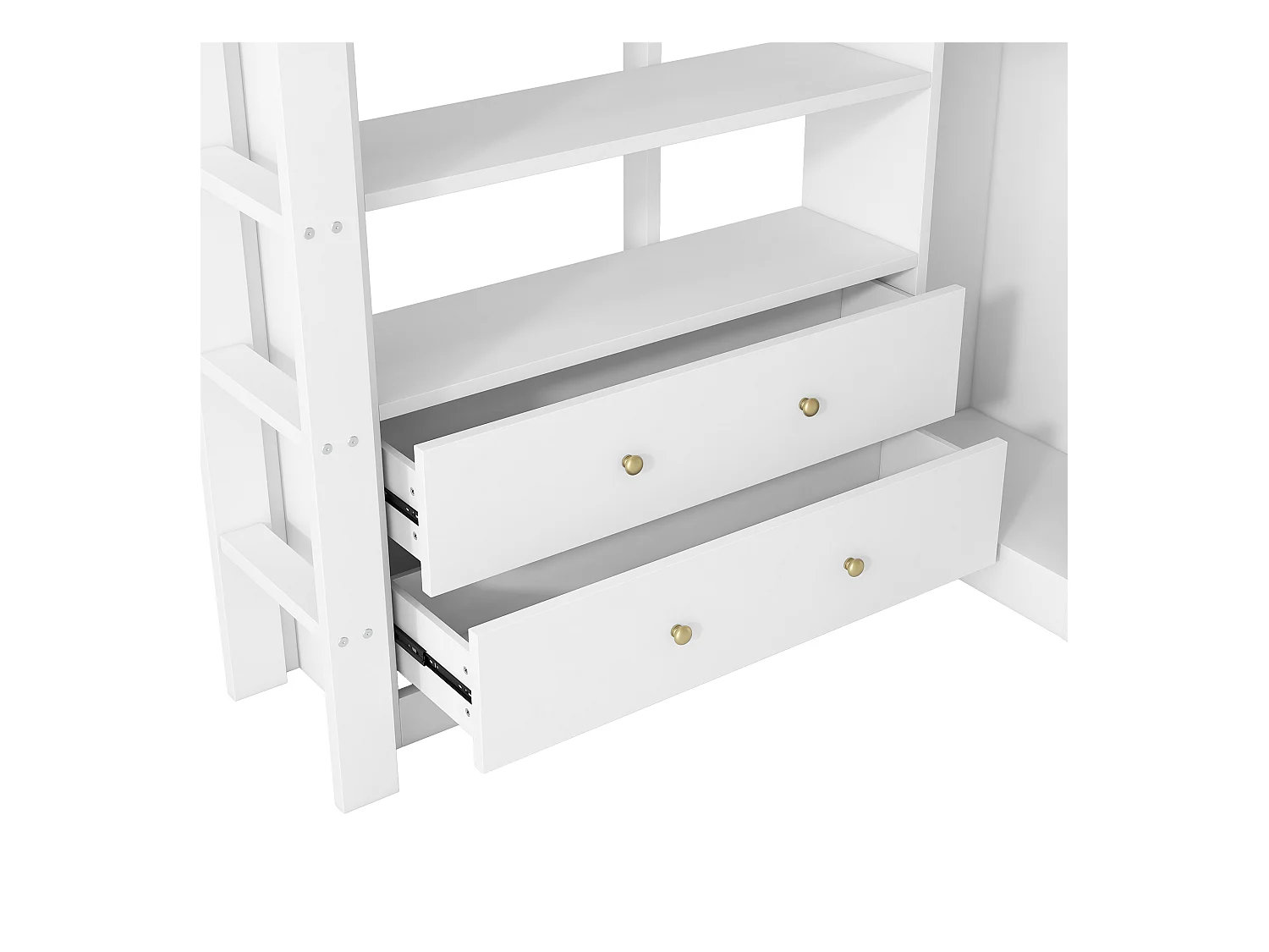 Kinderhoogslaper - 140 x 200 cm - met 2 lades + planken + bureau + LED's en USB + kledingkast - hout + MDF - wit