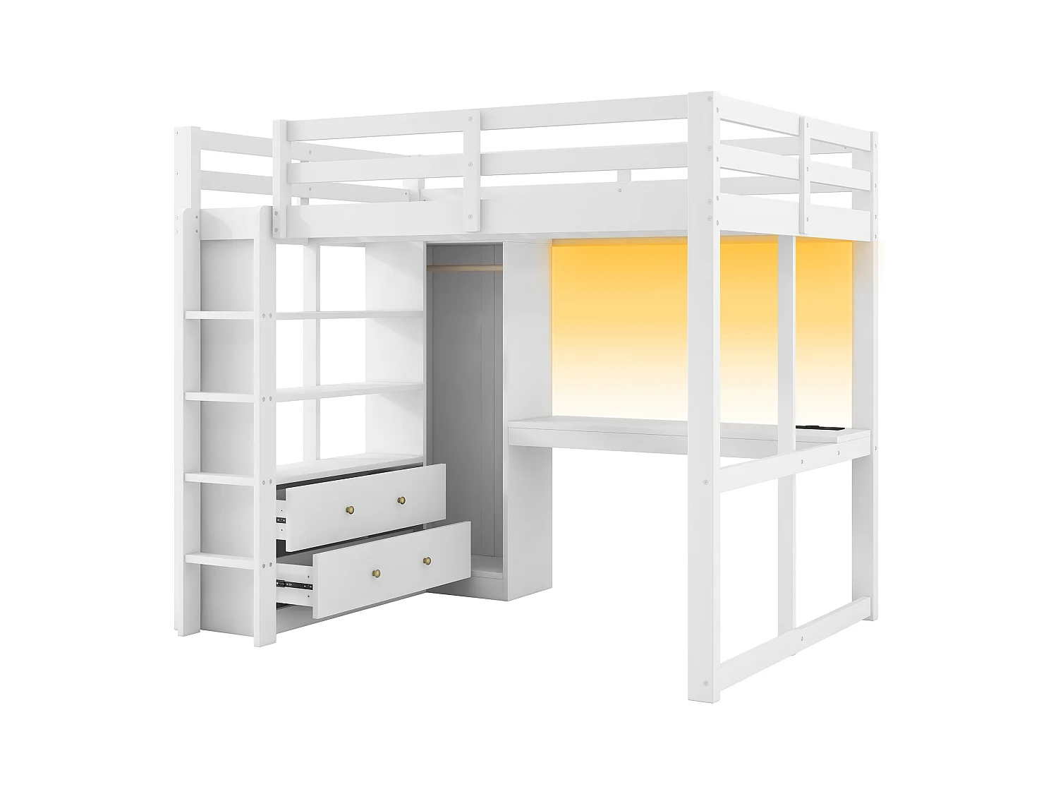 Kinderhoogslaper - 140 x 200 cm - met 2 lades + planken + bureau + LED's en USB + kledingkast - hout + MDF - wit