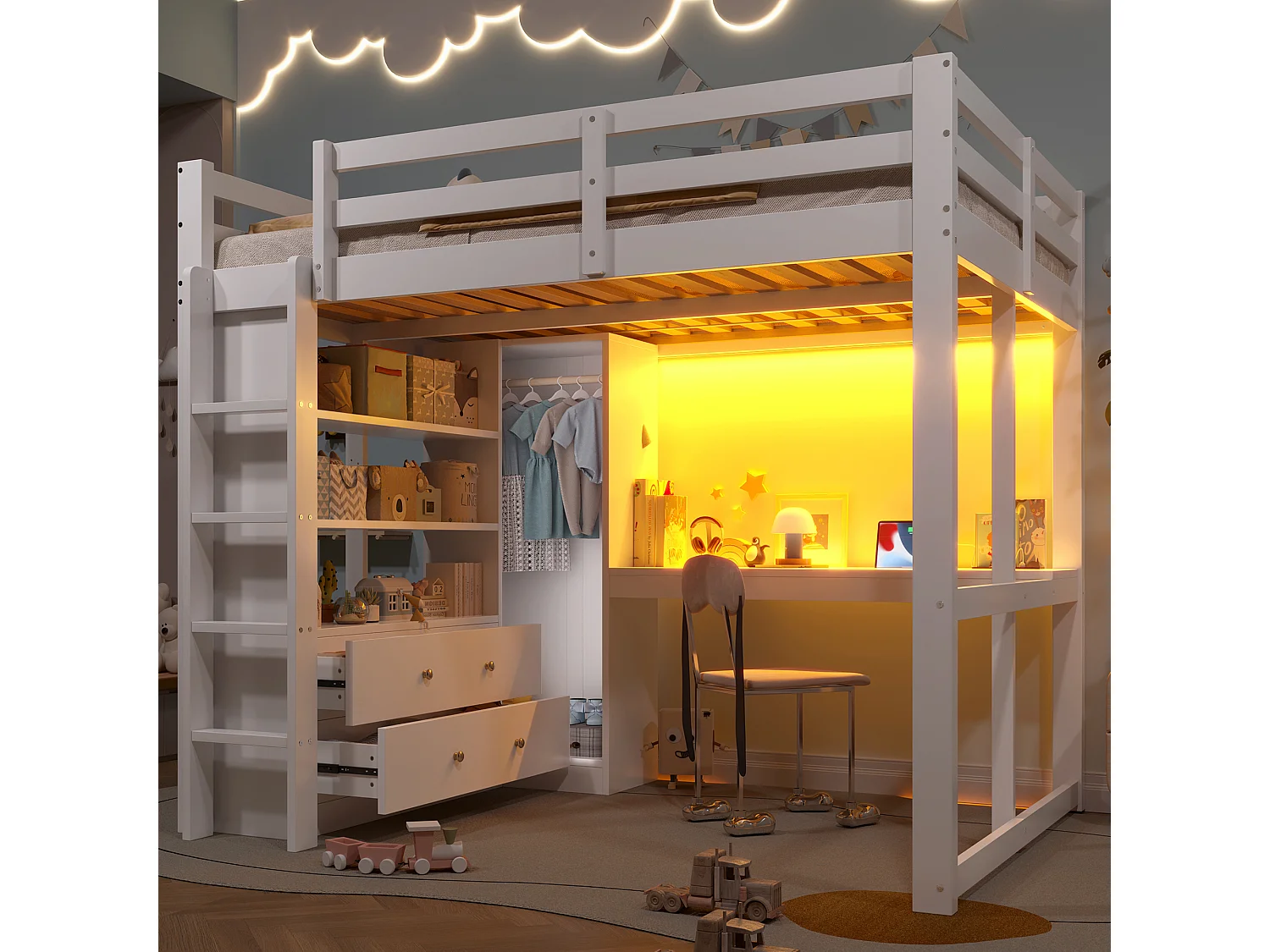 Lit mezzanine enfant - 140 x 200 cm - avec 2 tiroirs + étagères + bureau + Leds et USB + armoir - bois + MDF - blanc