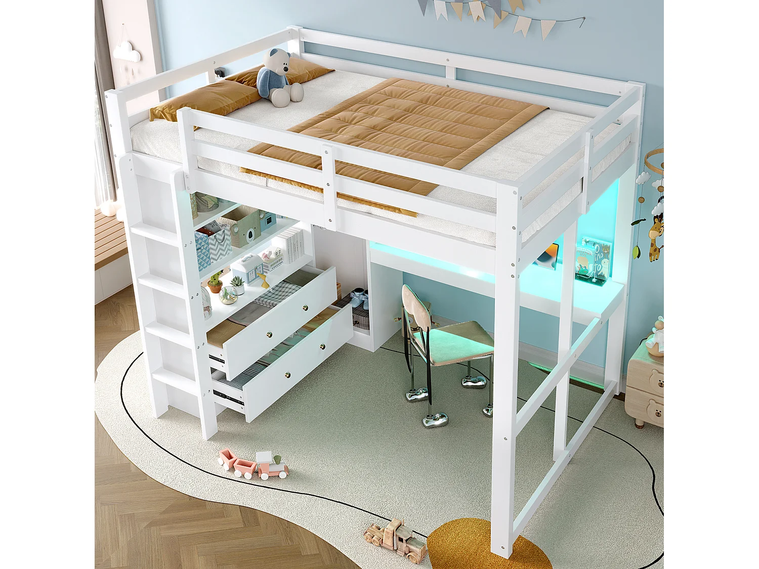 Lit mezzanine enfant - 140 x 200 cm - avec 2 tiroirs + étagères + bureau + Leds et USB + armoir - bois + MDF - blanc