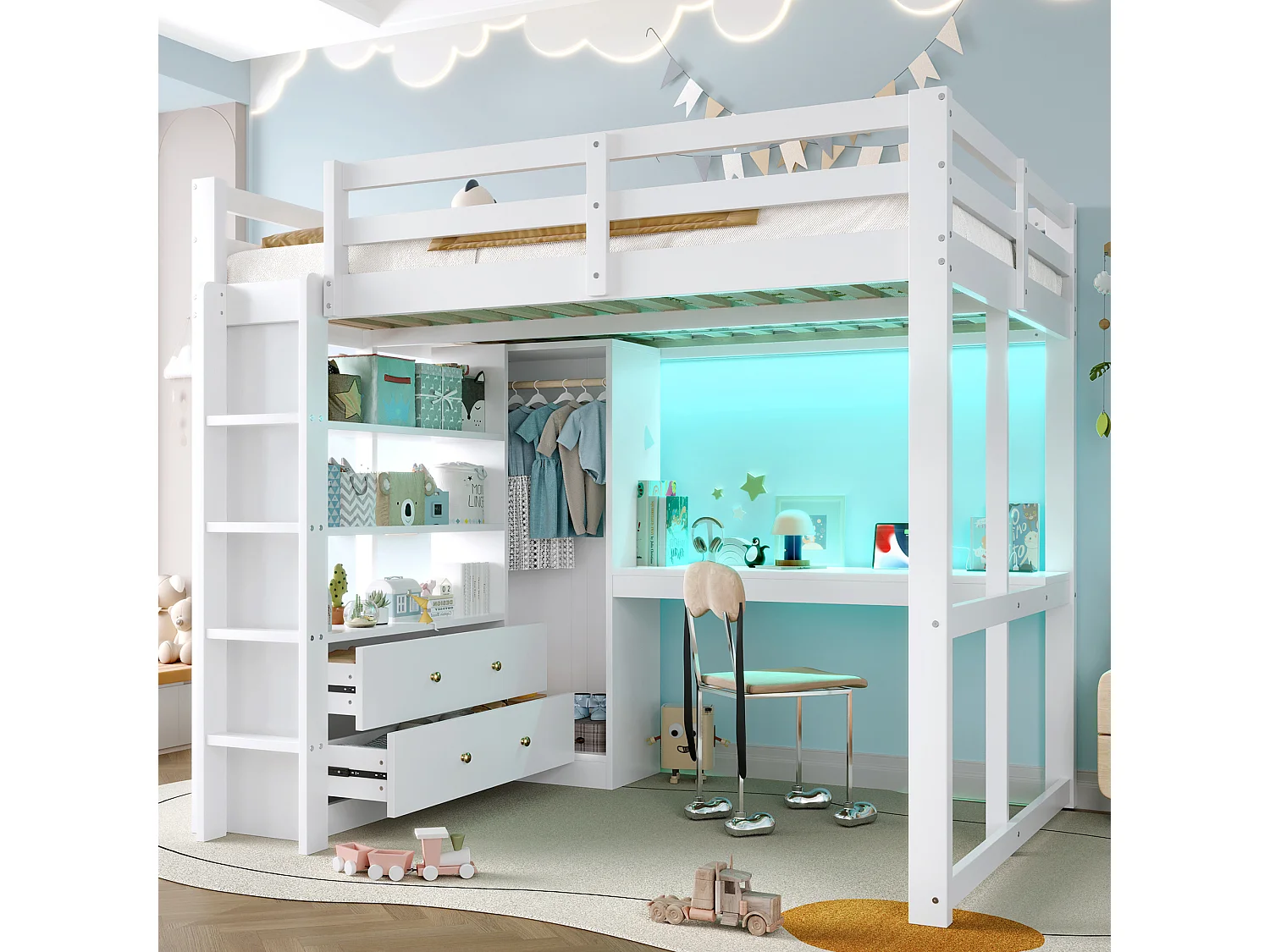 Lit mezzanine enfant - 140 x 200 cm - avec 2 tiroirs + étagères + bureau + Leds et USB + armoir - bois + MDF - blanc