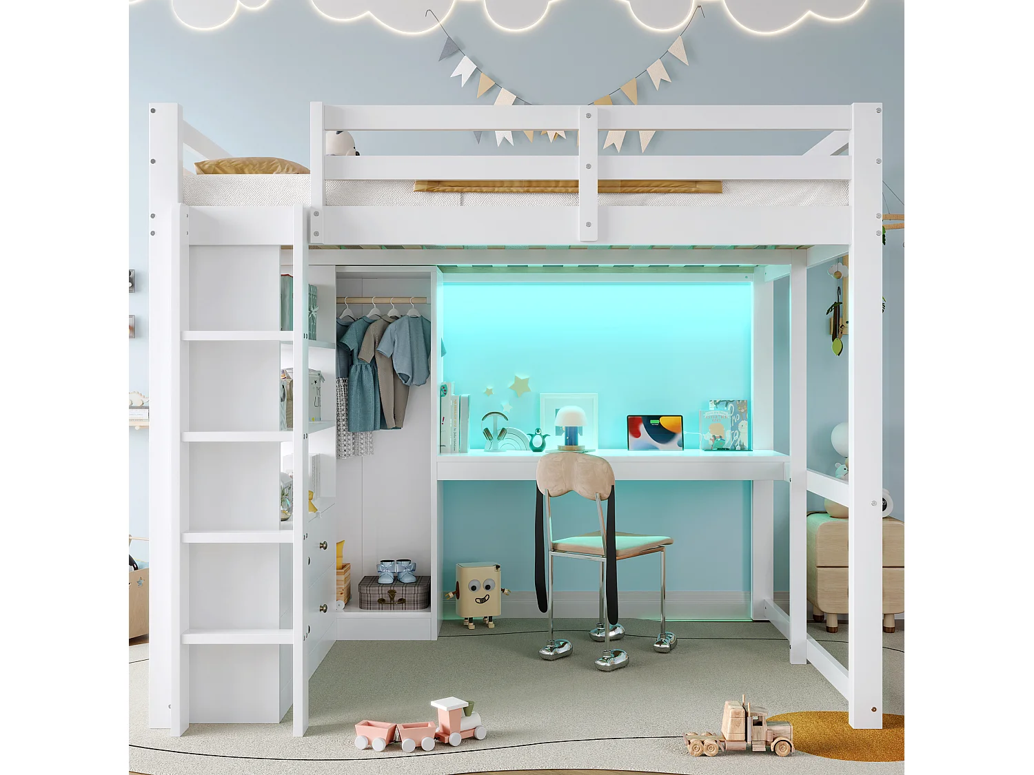Lit mezzanine enfant - 140 x 200 cm - avec 2 tiroirs + étagères + bureau + Leds et USB + armoir - bois + MDF - blanc