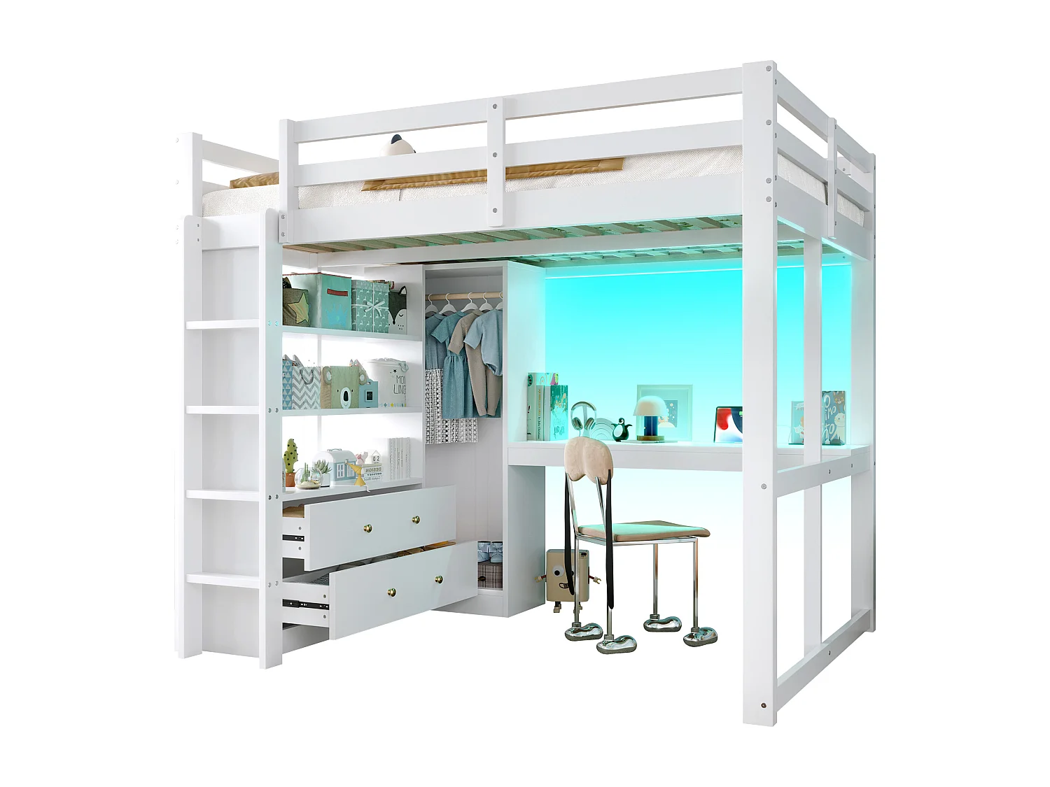 Lit mezzanine enfant - 140 x 200 cm - avec 2 tiroirs + étagères + bureau + Leds et USB + armoir - bois + MDF - blanc