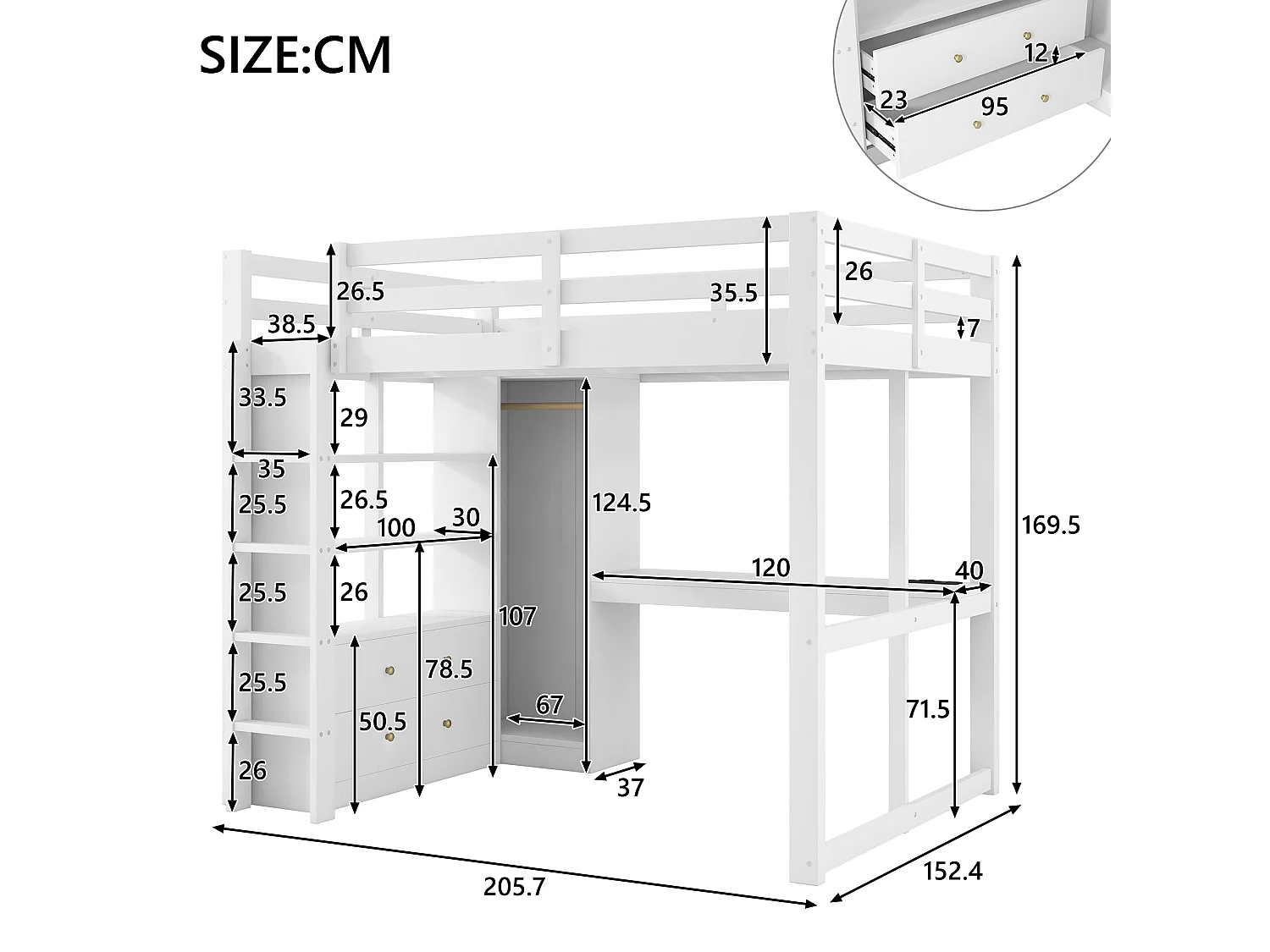 Lit mezzanine enfant - 140 x 200 cm - avec 2 tiroirs + étagères + bureau + Leds et USB + armoir - bois + MDF - blanc