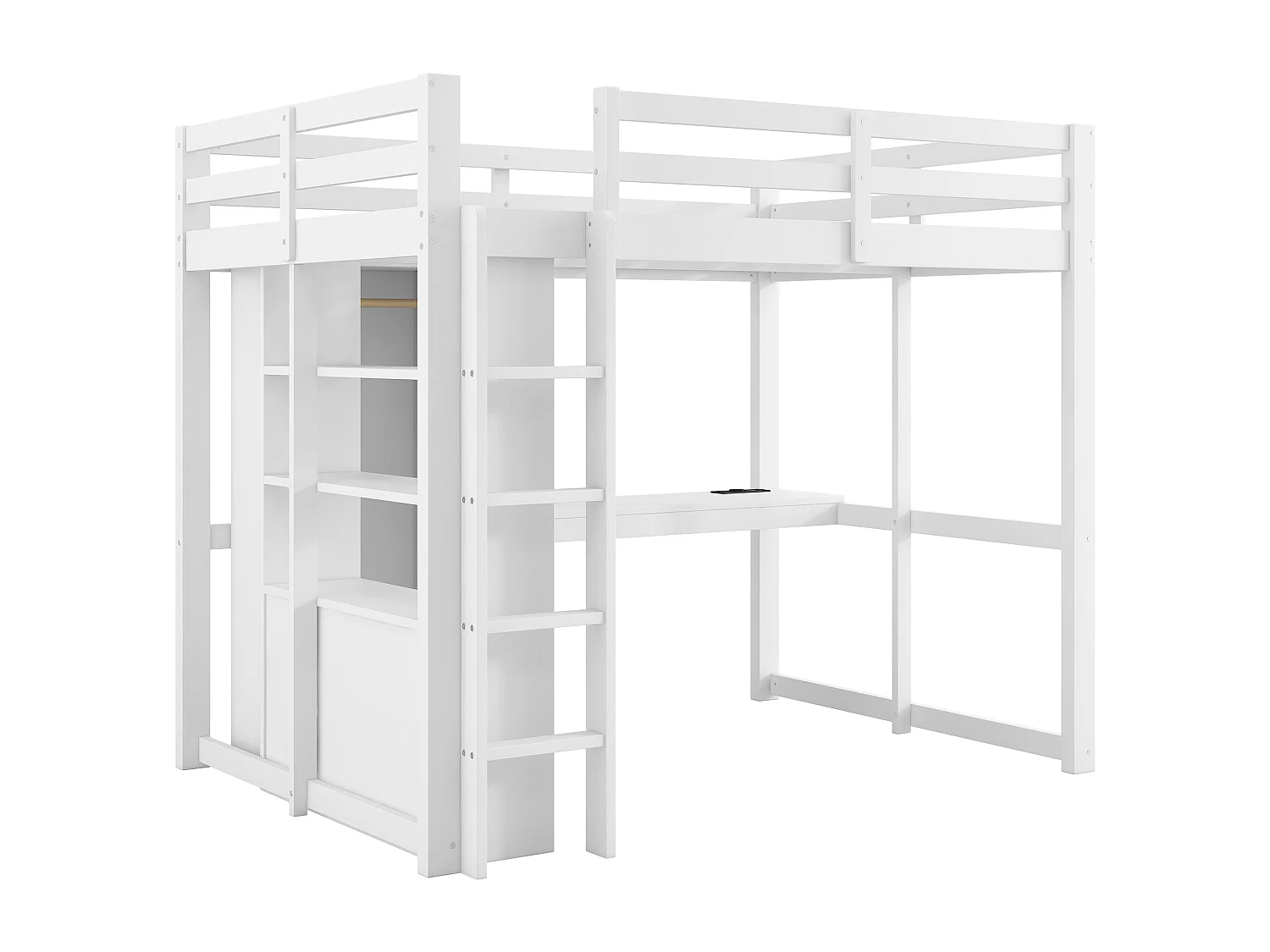 Lit mezzanine enfant - 140 x 200 cm - avec 2 tiroirs + étagères + bureau + Leds et USB + armoir - bois + MDF - blanc