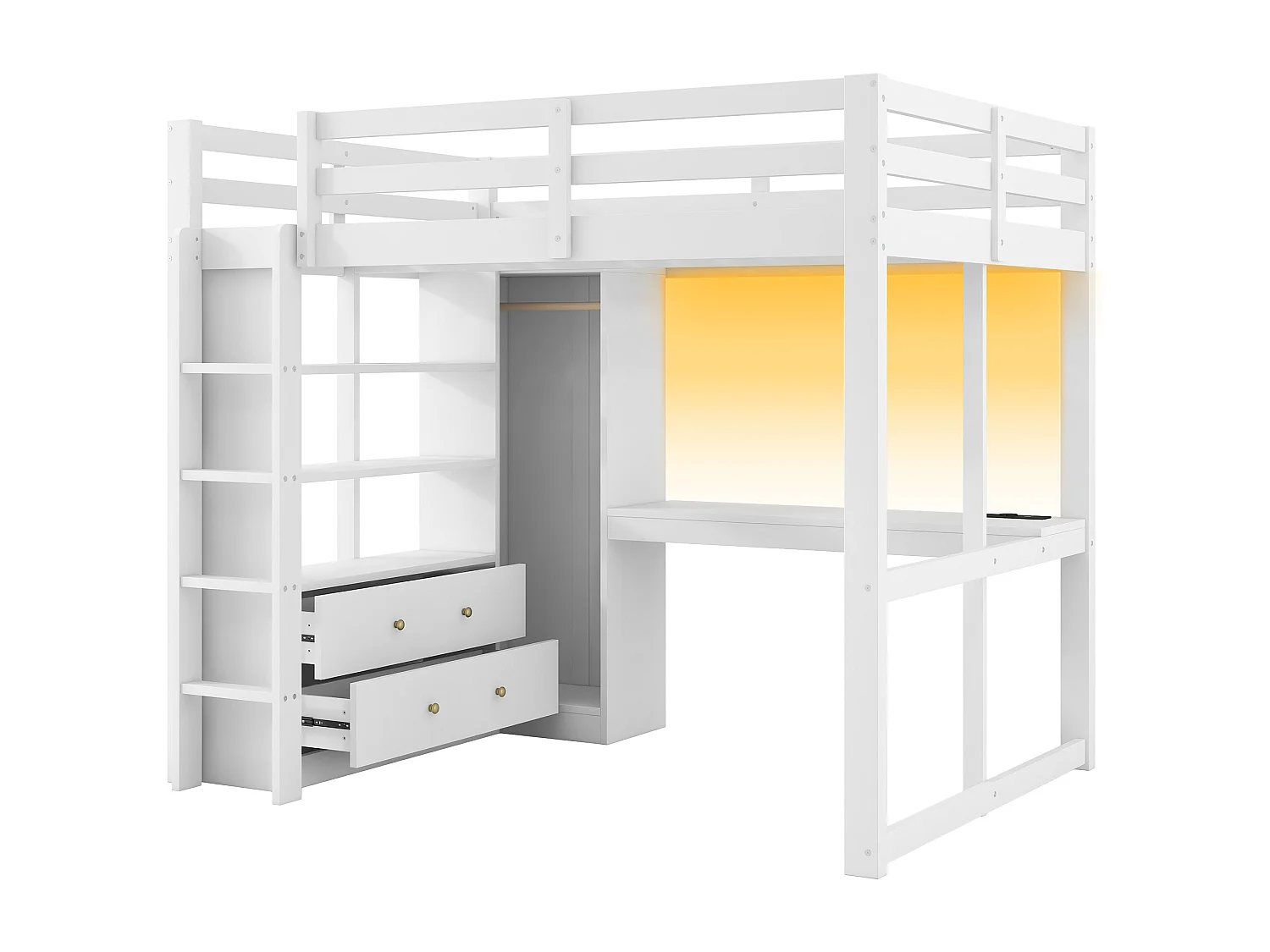 Lit mezzanine enfant - 140 x 200 cm - avec 2 tiroirs + étagères + bureau + Leds et USB + armoir - bois + MDF - blanc
