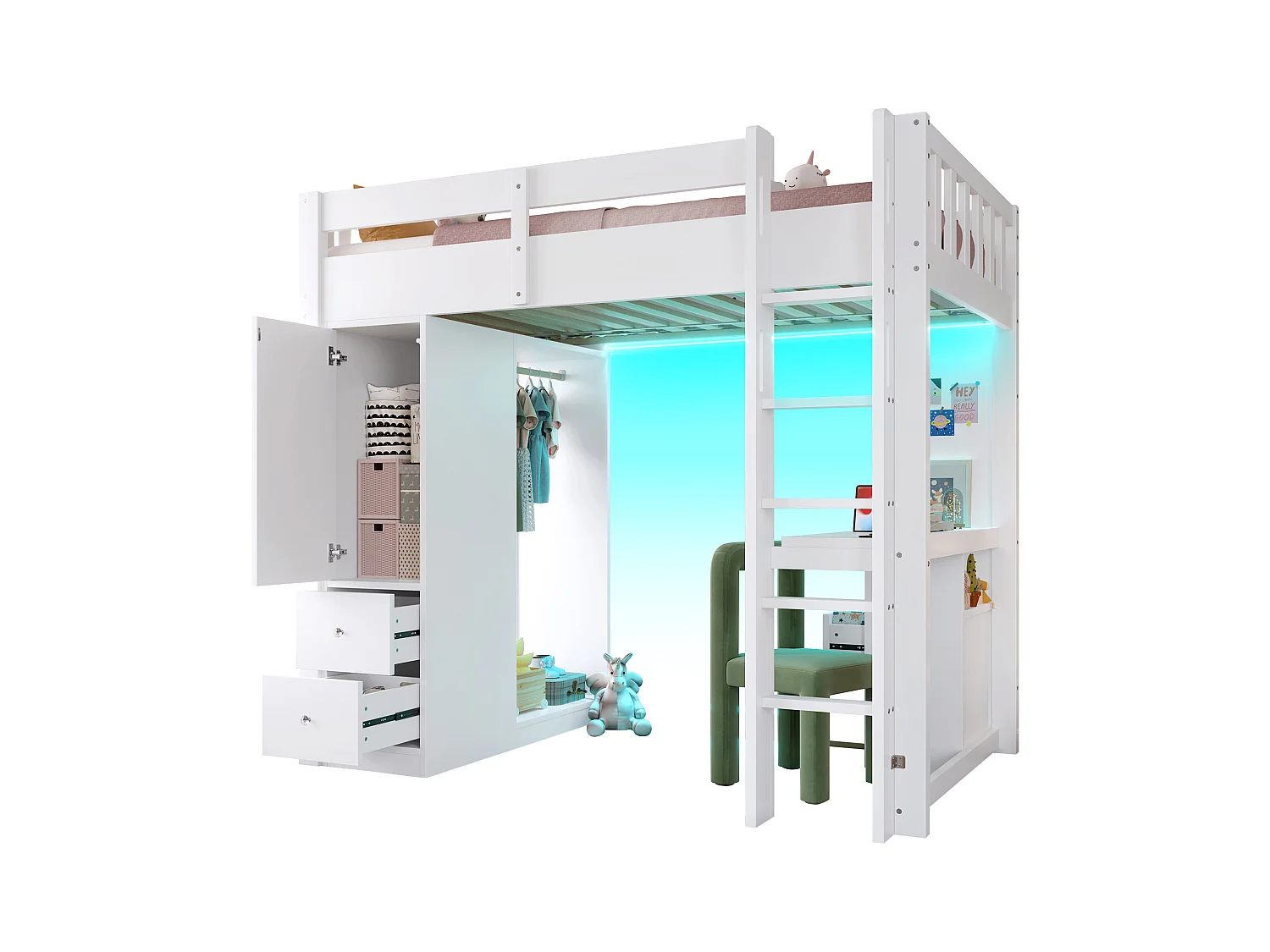 Lit mezzanine enfant - 90 x 200 cm - avec 4 tiroirs + armoir + bureau + Leds et USB - bois + MDF - blanc