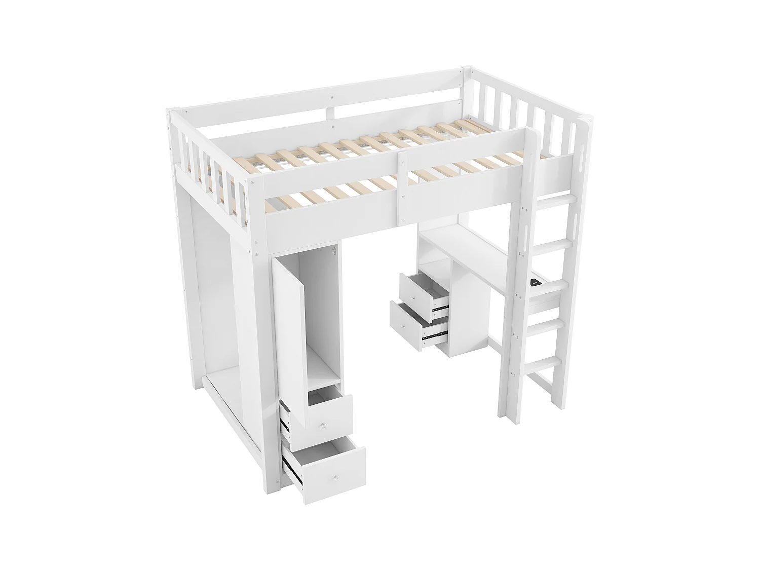 Lit mezzanine enfant - 90 x 200 cm - avec 4 tiroirs + armoir + bureau + Leds et USB - bois + MDF - blanc