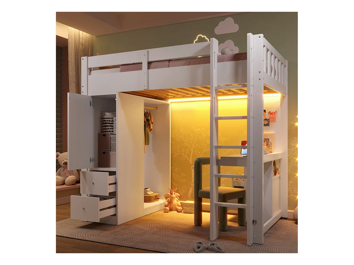 Lit mezzanine enfant - 90 x 200 cm - avec 4 tiroirs + armoir + bureau + Leds et USB - bois + MDF - blanc