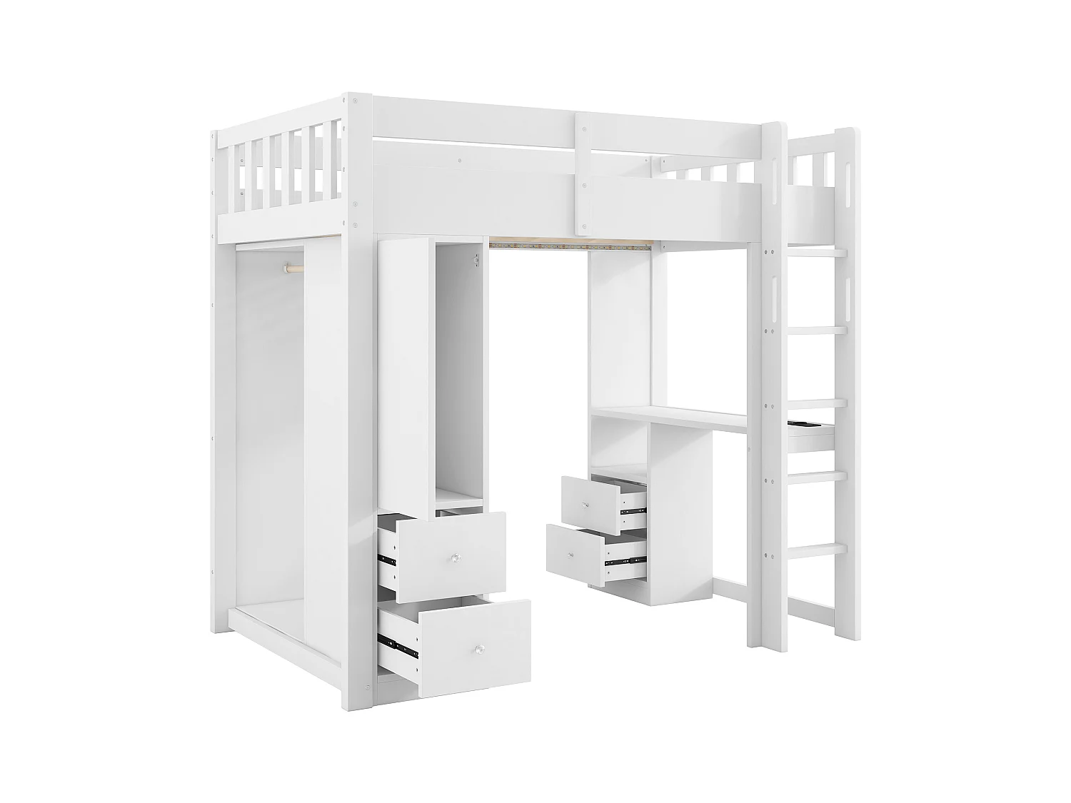 Lit mezzanine enfant - 90 x 200 cm - avec 4 tiroirs + armoir + bureau + Leds et USB - bois + MDF - blanc