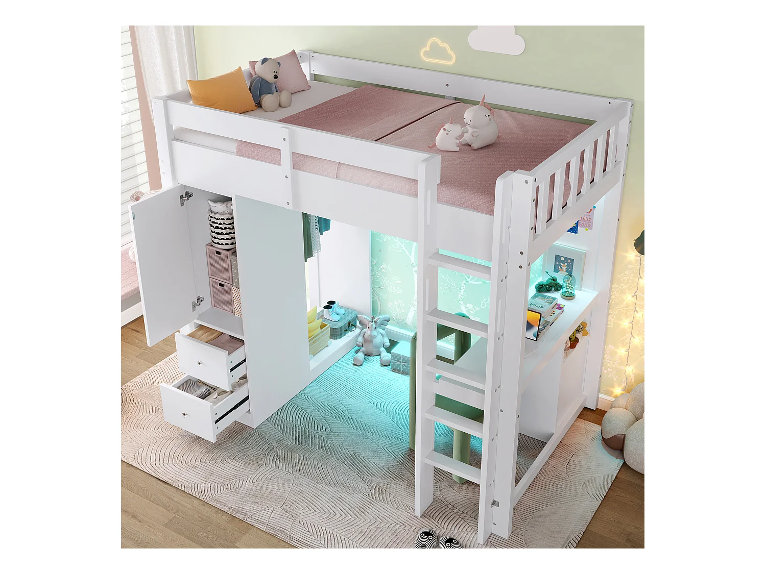 Lit mezzanine enfant - 90 x 200 cm - avec 4 tiroirs + armoir + bureau + Leds et USB - bois + MDF - blanc