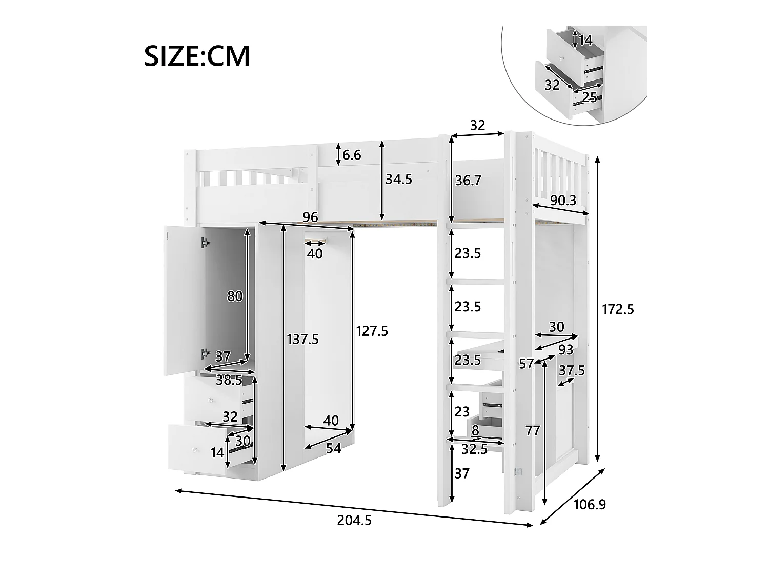 Lit mezzanine enfant - 90 x 200 cm - avec 4 tiroirs + armoir + bureau + Leds et USB - bois + MDF - blanc