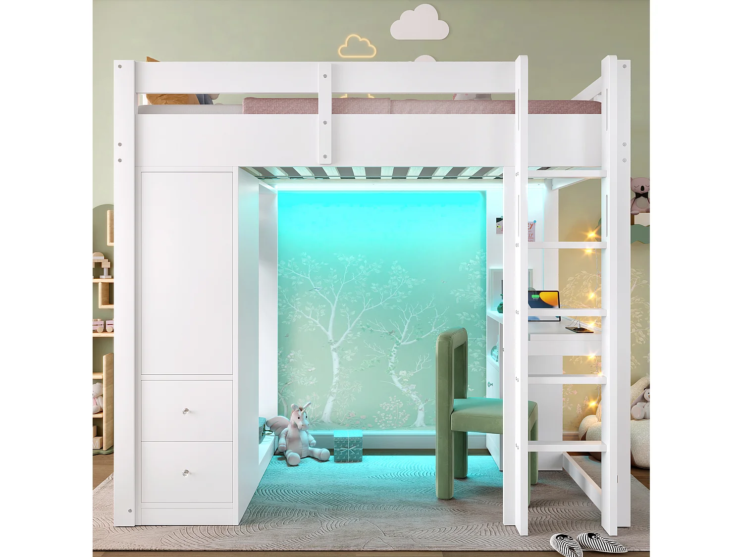 Lit mezzanine enfant - 90 x 200 cm - avec 4 tiroirs + armoir + bureau + Leds et USB - bois + MDF - blanc