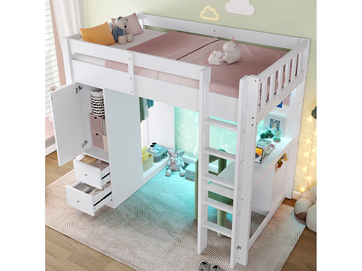 Lit mezzanine enfant - 90 x 200 cm - avec 4 tiroirs + armoir + bureau + Leds et USB - bois + MDF - blanc